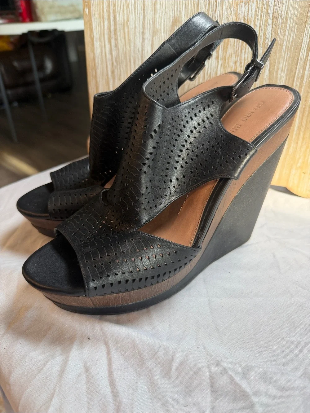 Gianni Bini Black Perforated Platform Slingback Heels